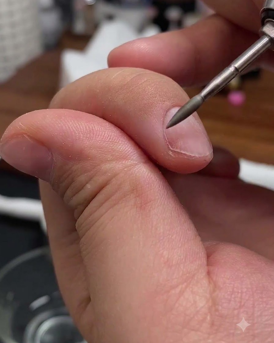 Ein Fräseraufsatz der elektrischen Feile führt eine Wasserschleif-Verfeinerung in der Nagelhautzone eines Fingernagels durch.