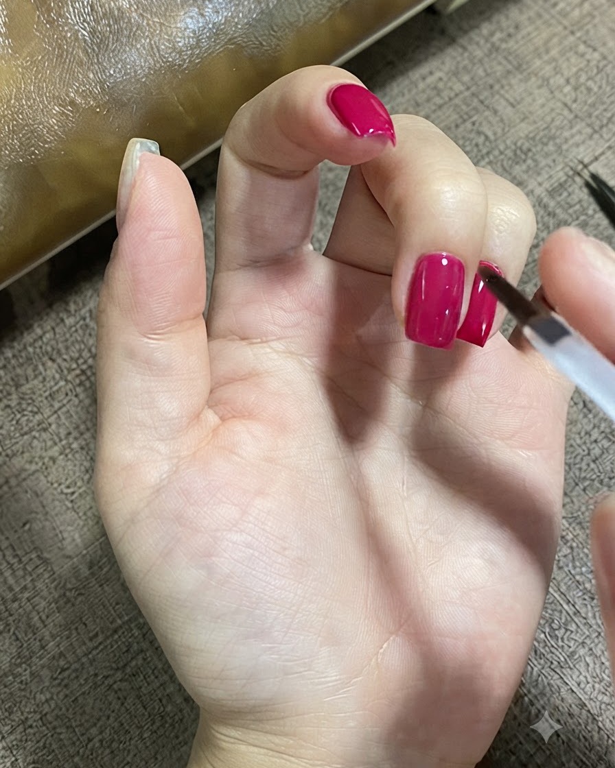 Ein Nagelpinsel trägt sorgfältig matten Überlack auf die Oberfläche eines manikürten Fingernagels auf.