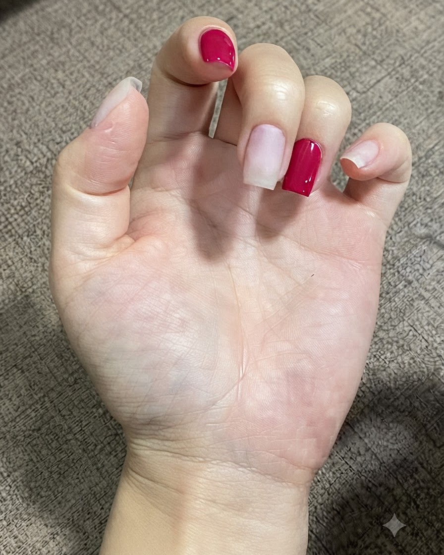 Eine Nahaufnahme eines Fingers mit einem kleinen, präzisen Tropfen klarem Verlängerungsgel in der Nagelhautregion.