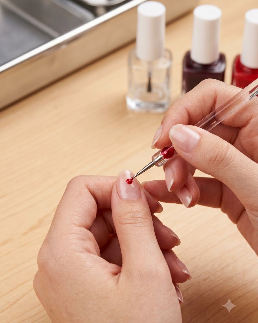 Eine Nahaufnahme von Händen, die ein feines Detailwerkzeug verwenden, um einen Tropfen rotes Gel-Nagellack sanft in der Nagelhautregion eines Naturnagels anzudrücken und zu glätten.