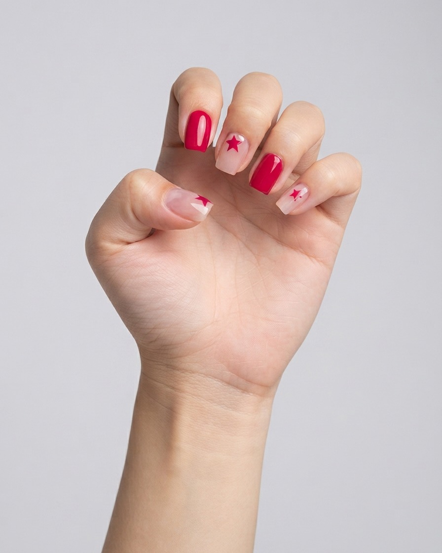 Eine Nahaufnahme eines feinen Liner-Pinsels, der ein weißes Stern-Detail auf einen manikürten Fingernagel zeichnet.