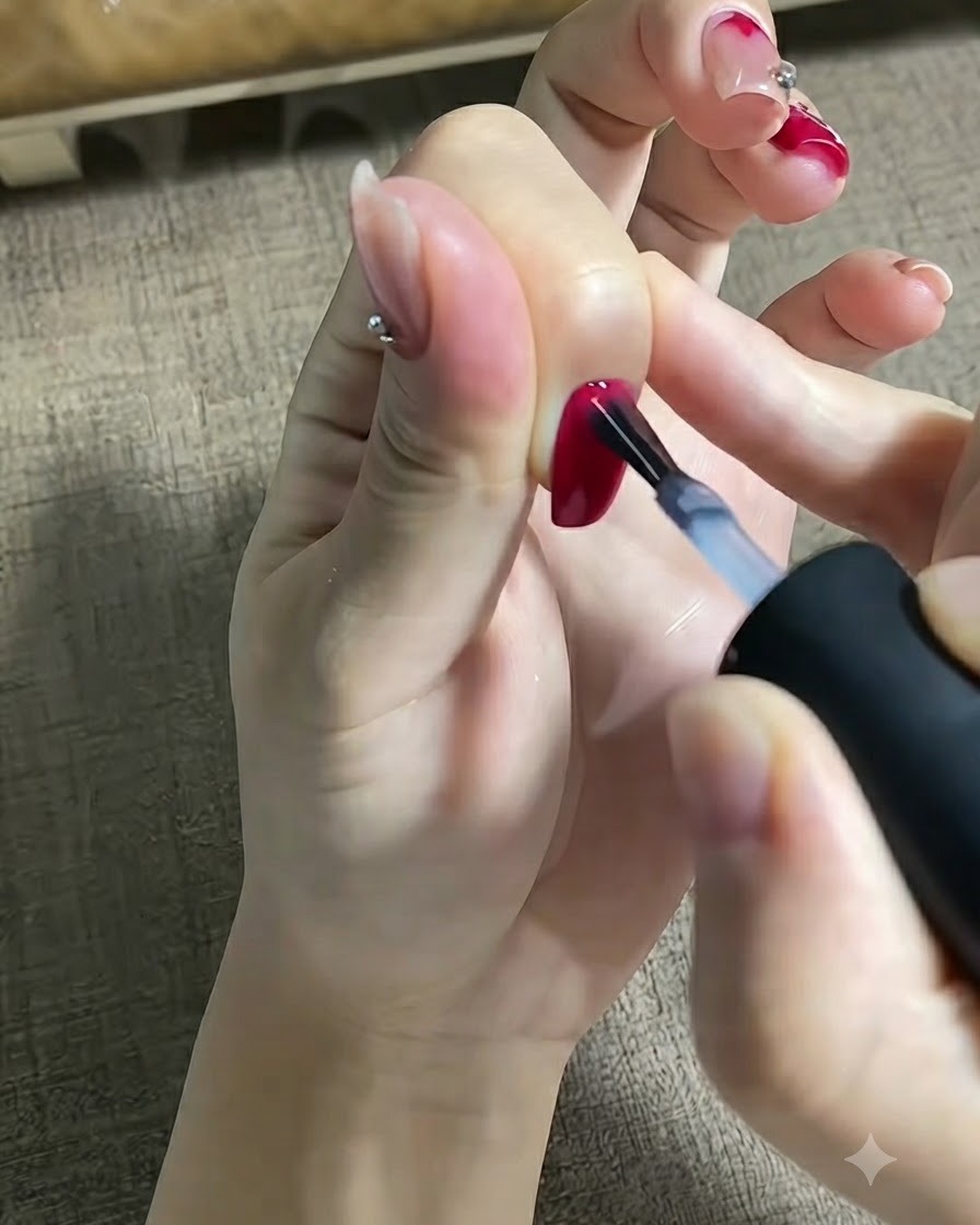 Ein Pinsel trägt einen klaren Glanzüberlack über einen fertigen, farbigen Fingernagel auf.