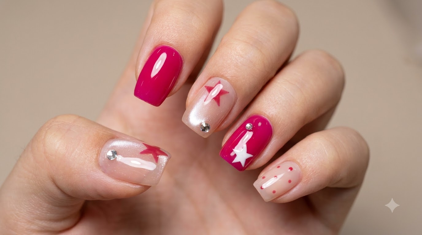 Magenta Sterne und Punkte Nageldesign — Schritt für Schritt Gel-Tutorial