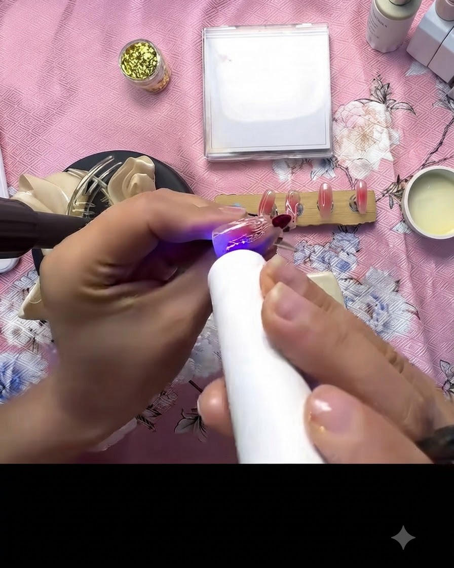 Mini lampa UV/LED utwardzająca małe przezroczyste kropki 3D na ozdobionym paznokciu.