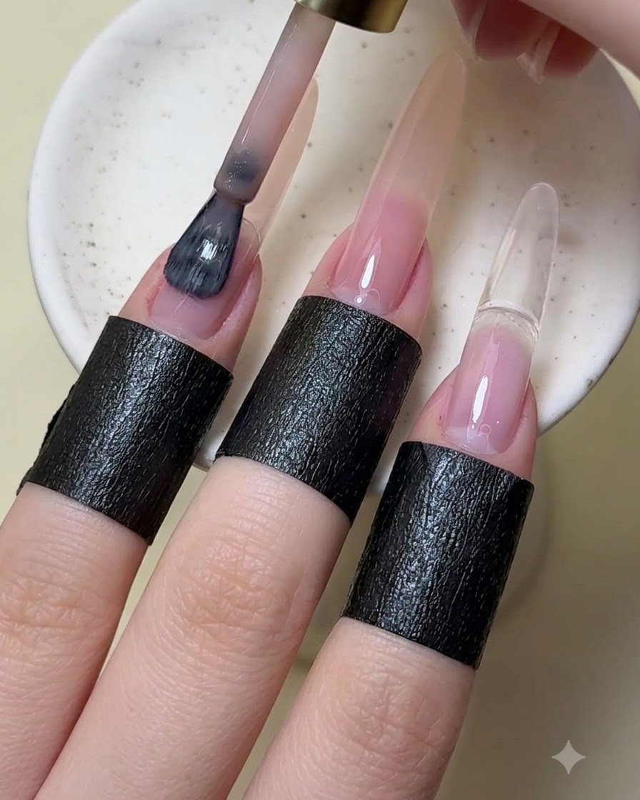Ein Manikürepinsel trägt farblosen bis nudefarbigen Gel-Nagellack auf einen verlängerten Fingernagel auf.