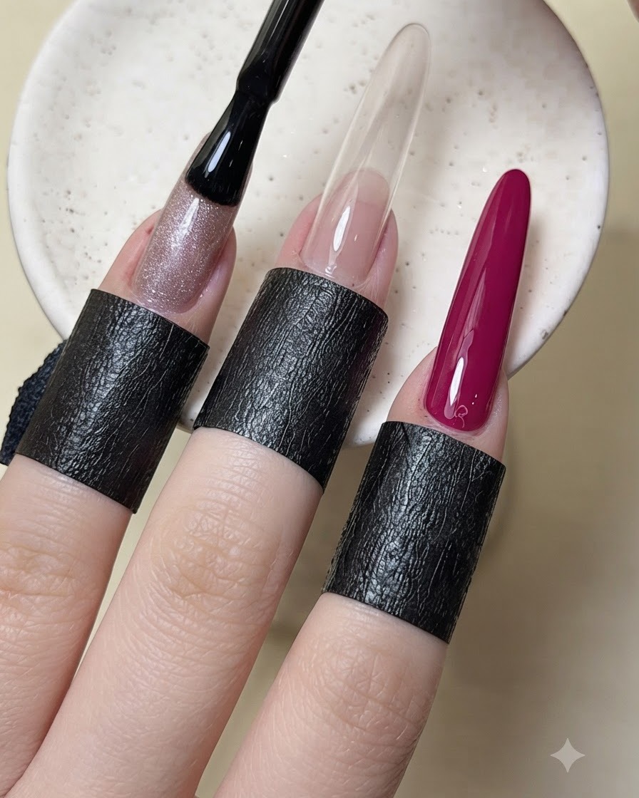 Ein Pinsel trägt metallischen Cat-Eye-Gel-Lack auf den Ringfingernagel auf.