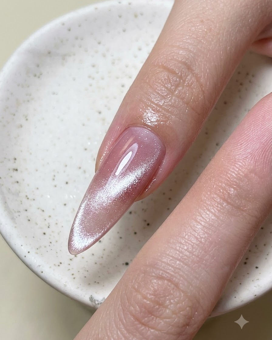 Nahaufnahme eines Ringfingers mit einem scharfen, leuchtenden silbernen Cat-Eye-Streifen in der Mitte.