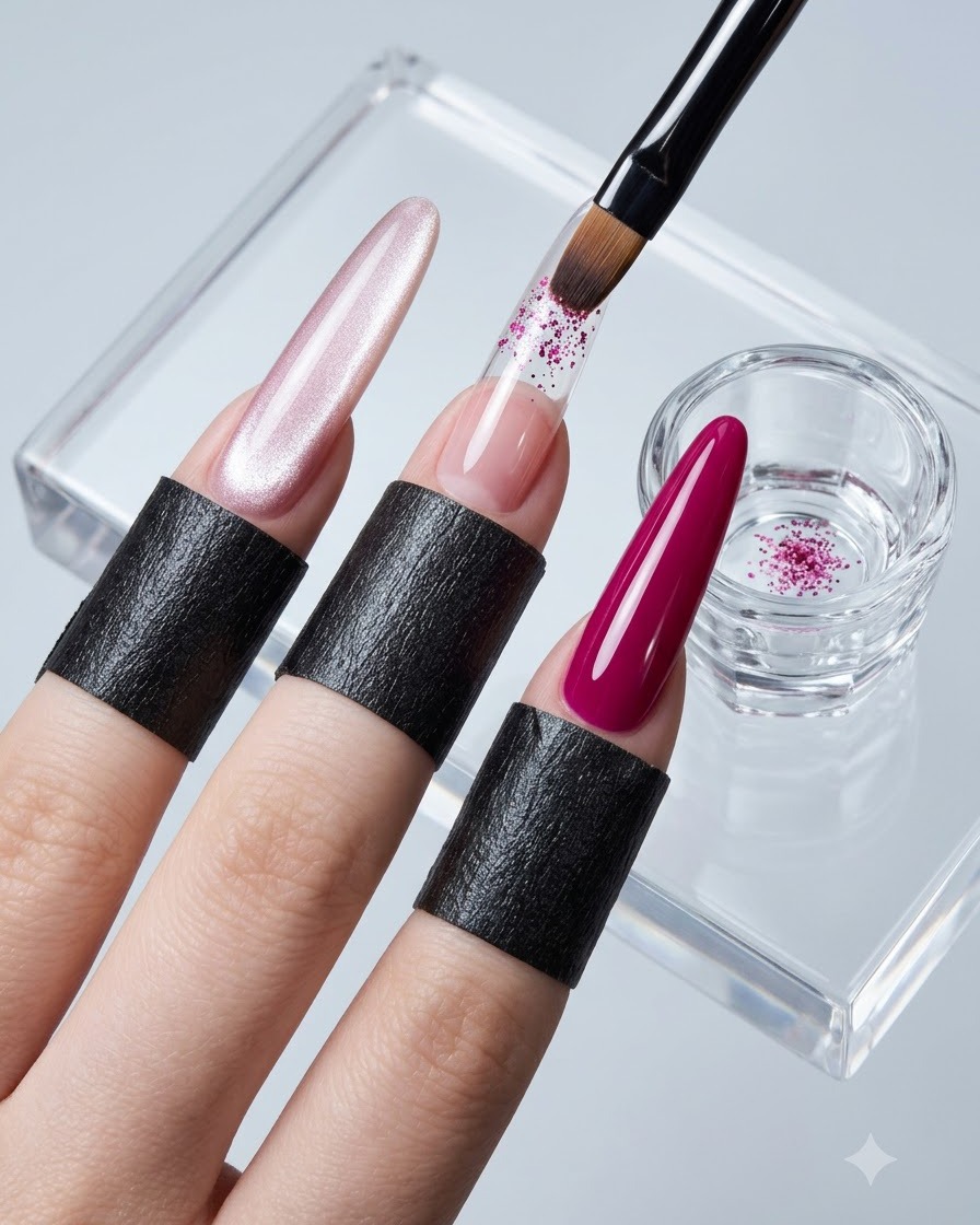 Ein Pinsel platziert rosa Glitzerflocken und Schmetterlings-Pailletten auf einem klaren, verlängerten Nagel.