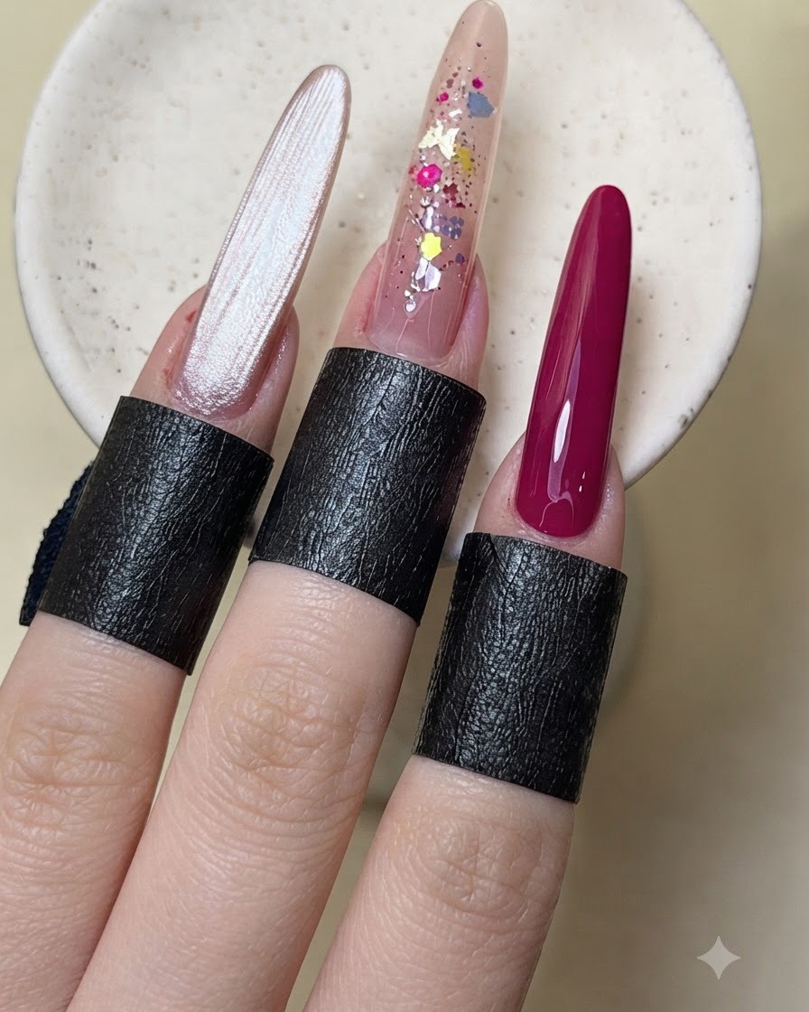 Eine manikürte Hand zeigt fertige Nageldesigns inklusive Cat-Eye und eingearbeitetem Glitzer.
