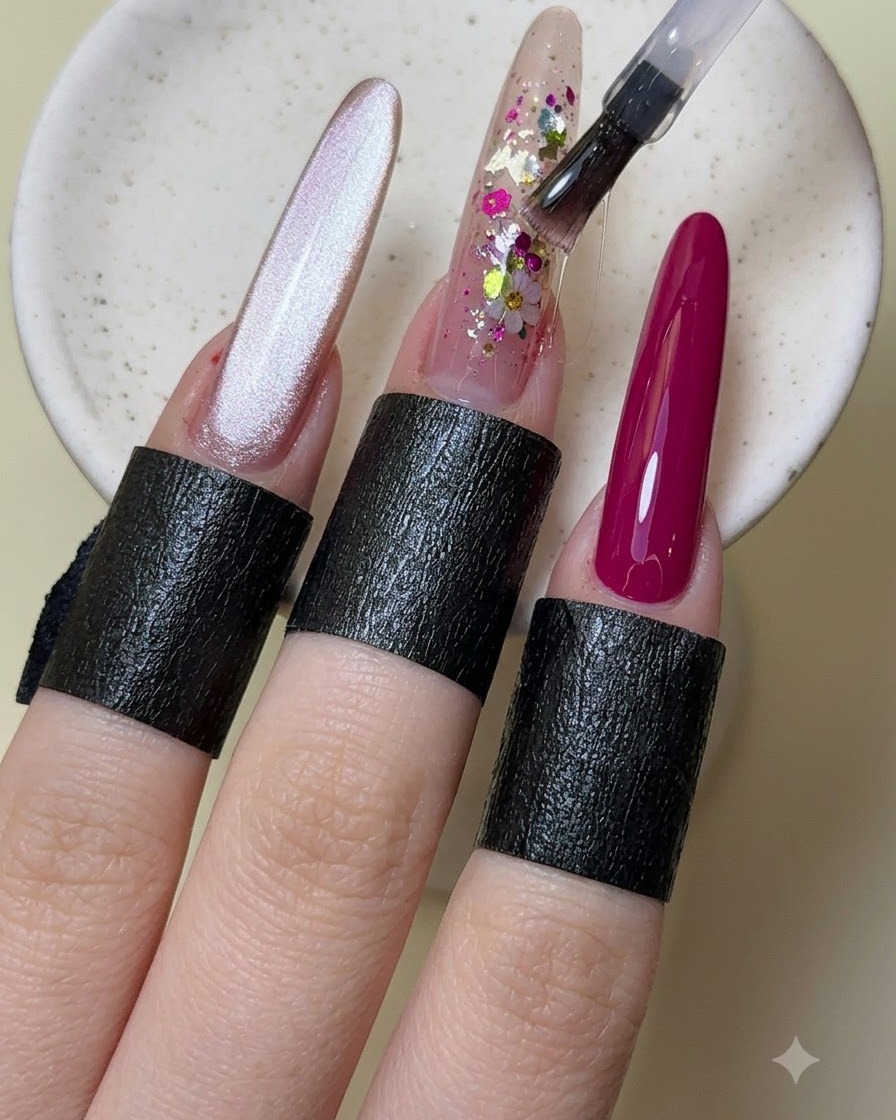 Ein Pinsel trägt eine Schicht klaren Top Coat auf den dekorierten Mittelfingernagel auf.