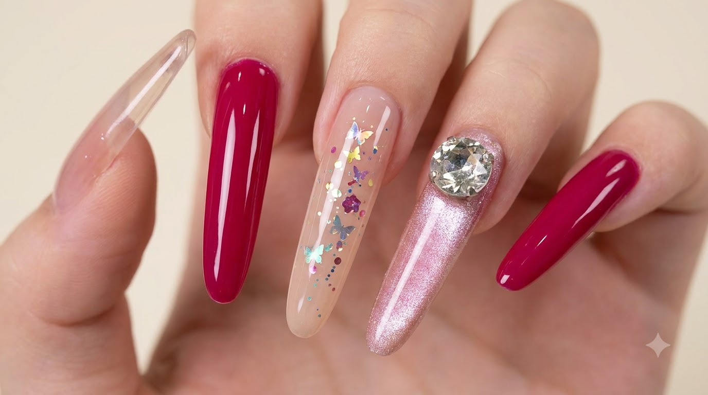 Magenta und nude Cat-Eye-Nageldesign mit Strassstein-Verzierung — Schritt-für-Schritt-Anleitung