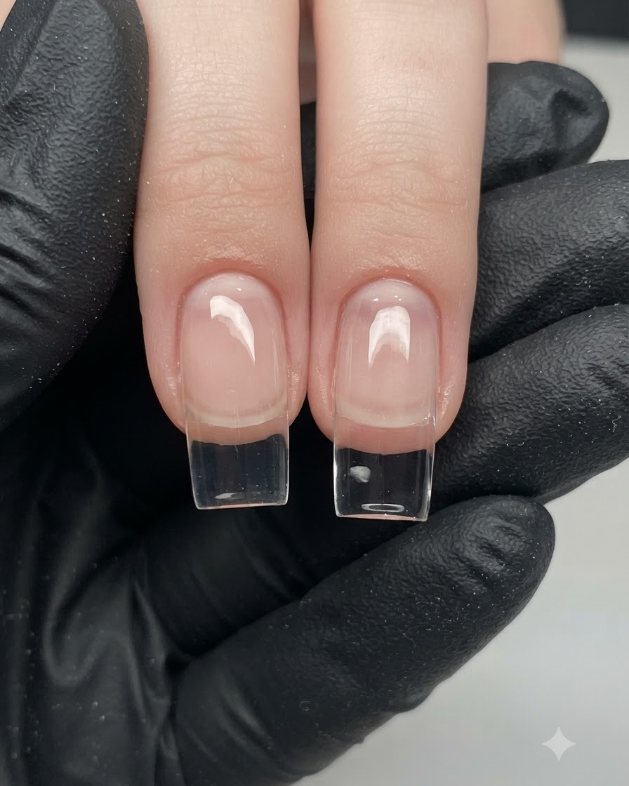 Dwie czyste przedłużone formy paznokci utwardzane w oświetleniu studyjnym.