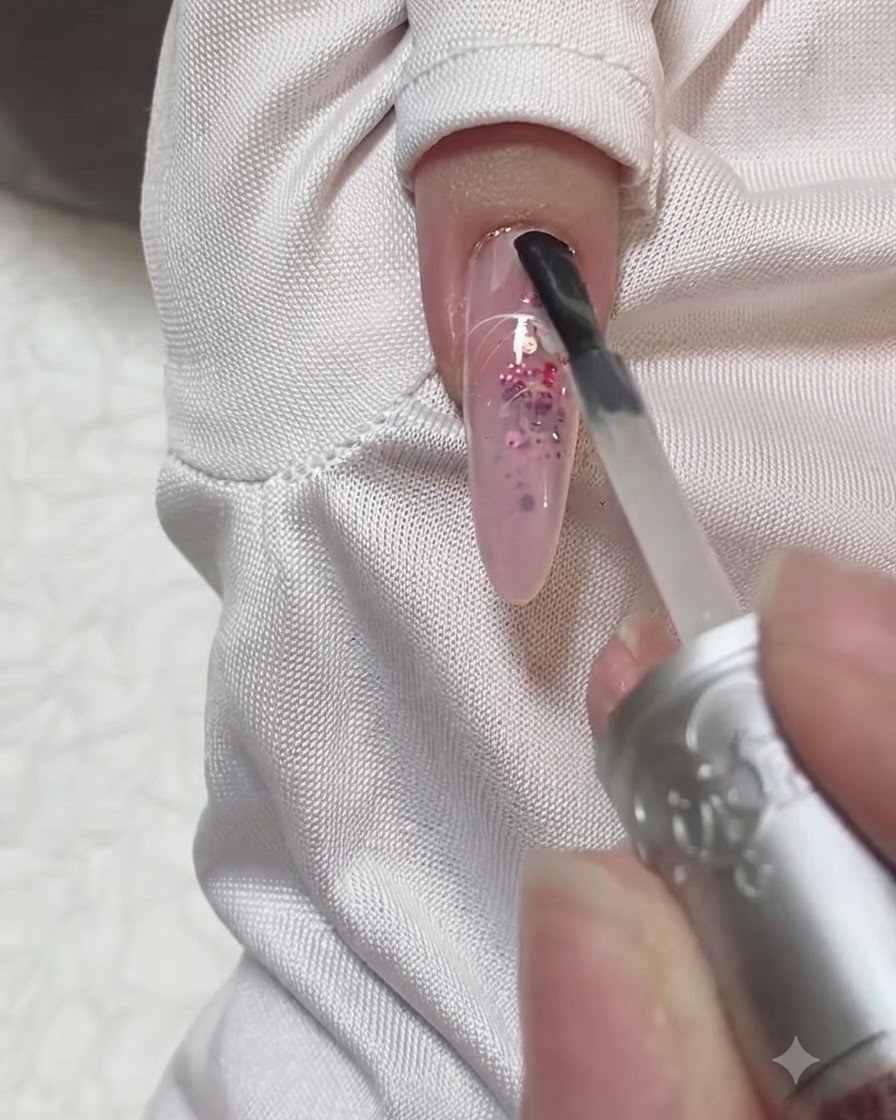 Pędzelek nakładający ostateczny błyszczący top coat na paznokcie o migdałowym kształcie.