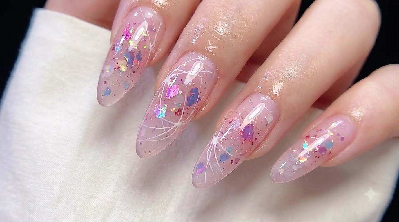 Zdobienie paznokci: Przejrzysty różowy manicure hybrydowy z efektem opalizującego brokatu