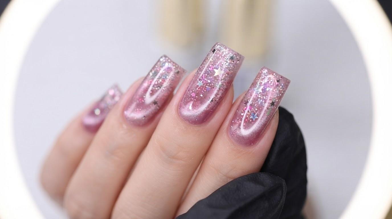 Błyszczące paznokcie z efektami cat eye i gwiazdami w stylu galaktyki — tutorial krok po kroku