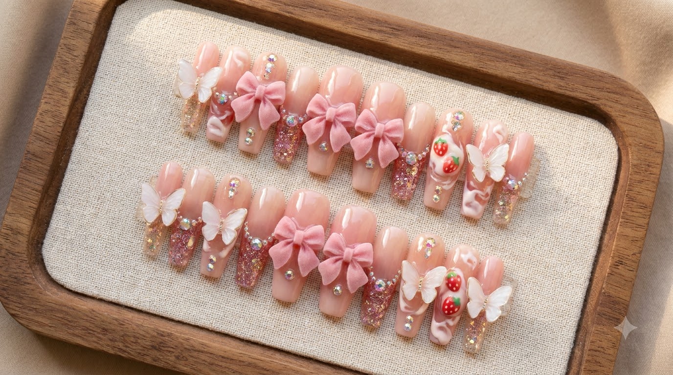 Paznokcie Press-on Strawberry Panna Cotta — Poradnik: Kokardki 3D i Motyle