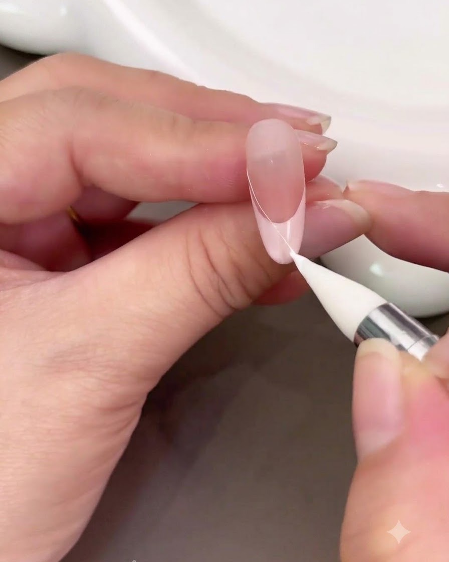 Sonda do zdobień nakładająca cienką linię z białego żelu wzdłuż krawędzi francuskiego manicure.