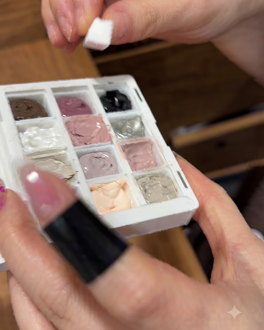 Nahaufnahme eines Schwammblocks, der hellrotes Patting-Gel von einer mehrfarbigen Palette aufnimmt.