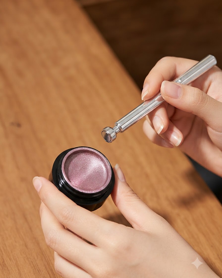 Eine Hand hält ein kleines Magnetwerkzeug nahe an einen Tiegel mit hellrotem Cat-Eye-Gel.