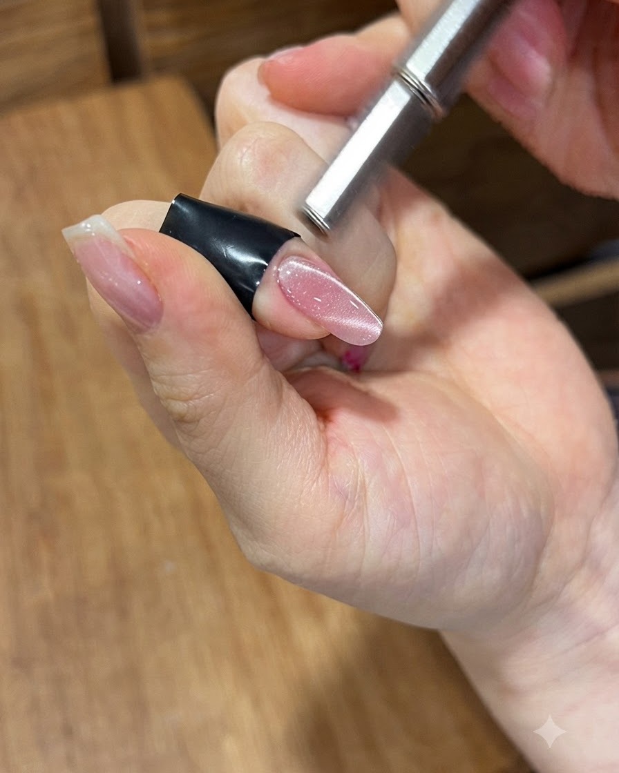Ein zylindrischer Magnetstab wird nahe an einen rosa Cat-Eye-Nagel gehalten.