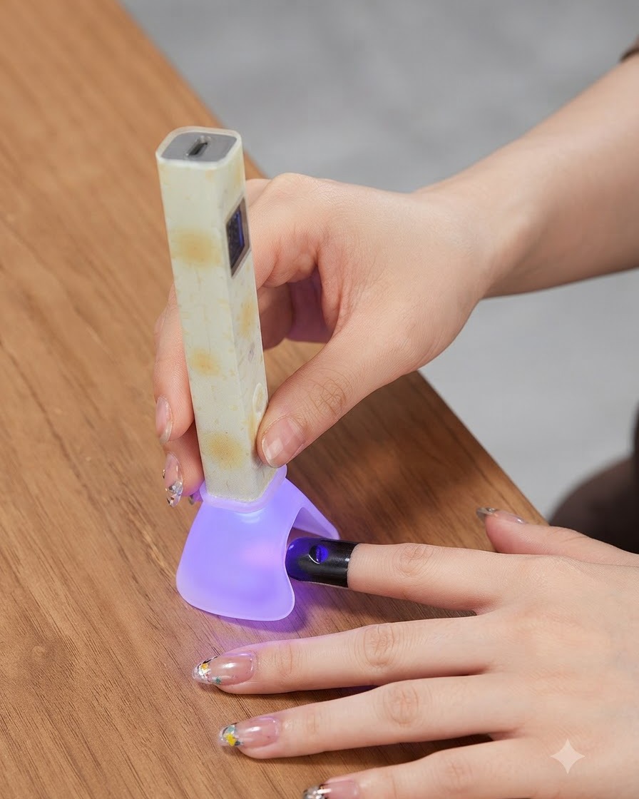 Ein feiner Nailart-Pinsel trägt einen kleinen Tropfen Gel auf die Nagelspitze auf.