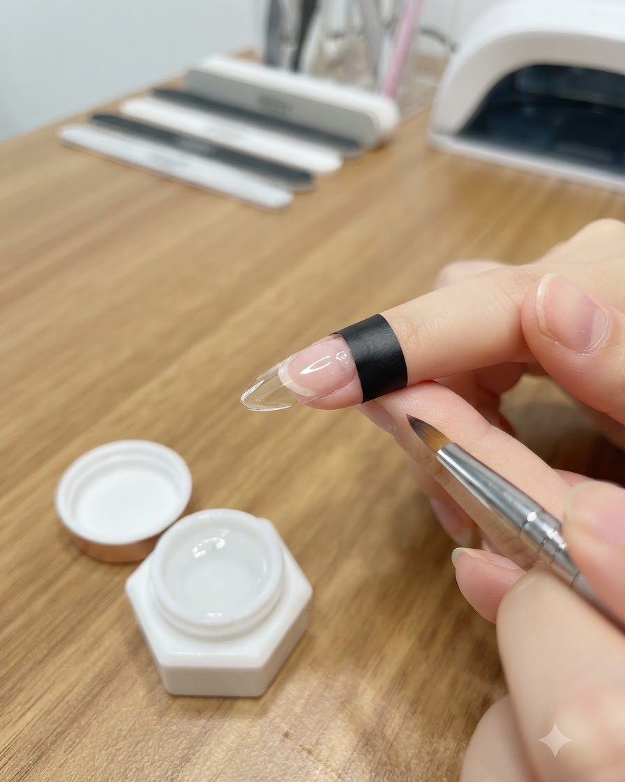 Feine Pinzette nimmt eine winzige gelbe Trockenblume aus einem Nagelkunst-Rad auf.
