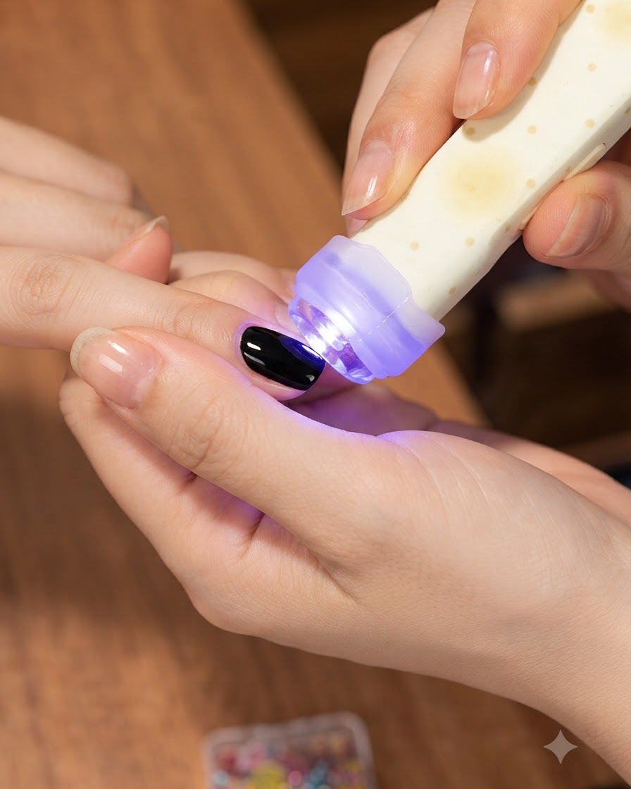 Ein Pinsel trägt klaren Builder-Gel über dem dekorierten Nagel auf.