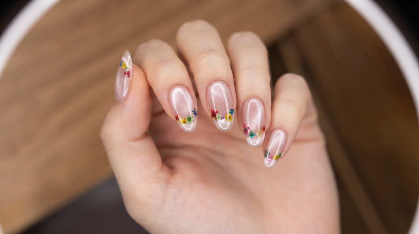 French Manicure mit Trockenblumen und Cat-Eye-Gel – Schritt-für-Schritt-Anleitung