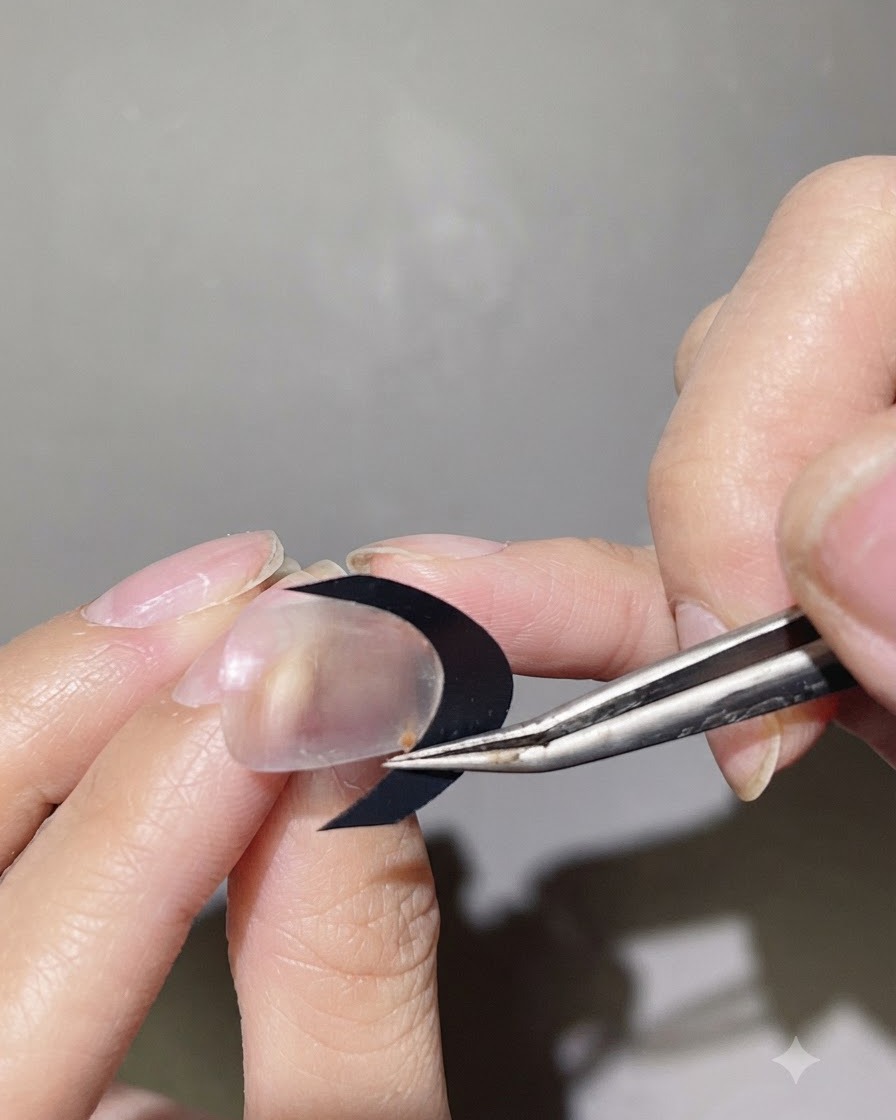 Pęseta umieszczająca czarny, zakrzywiony szablon do french manicure na przezroczystej powierzchni paznokcia.