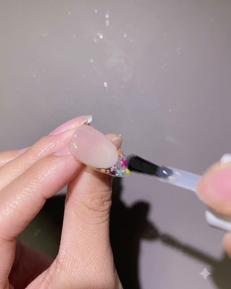 Pędzelek aplikujący przezroczystą warstwę żelu wzmacniającego wokół krawędzi ukończonego manicure.