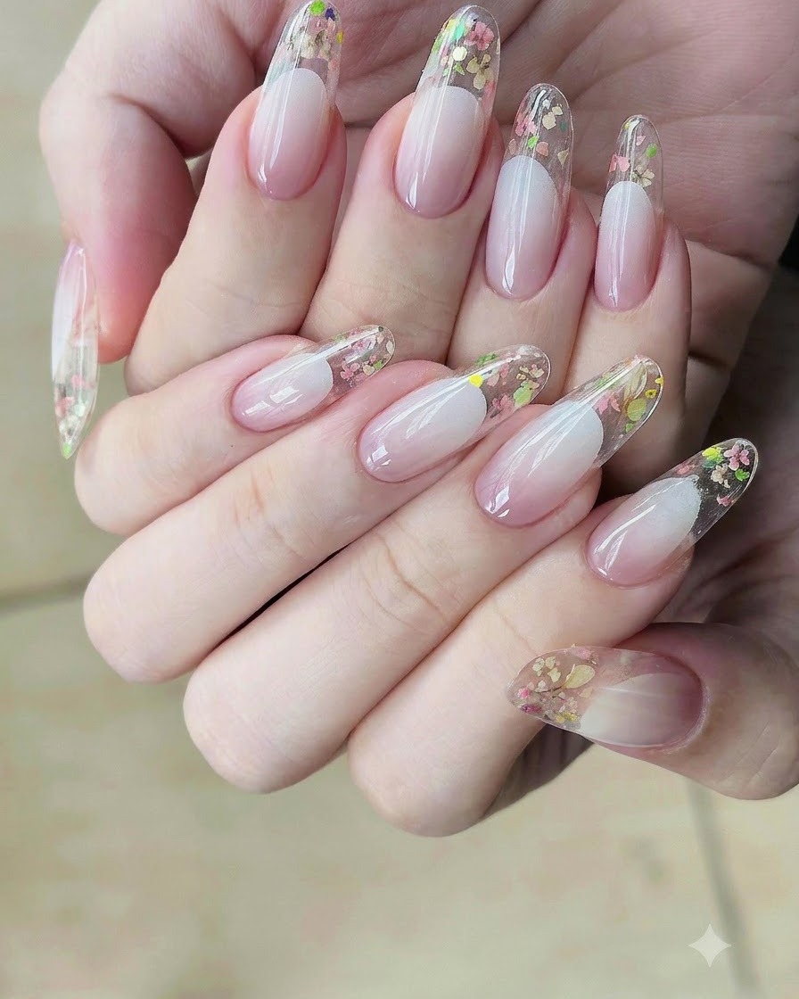 Pęseta precyzyjnie umieszczająca zakrzywioną naklejkę do manicure francuskiego na paznokciu.