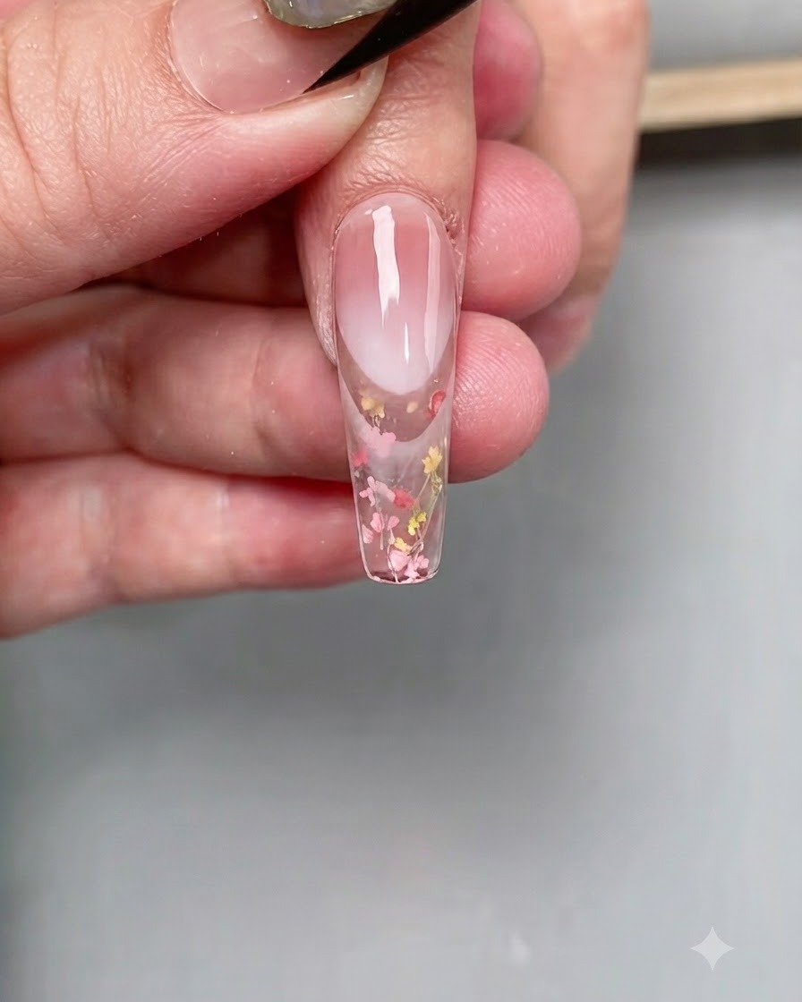 Paznokieć umieszczony pod profesjonalną lampą UV/LED w celu utwardzenia topu na końcówce.