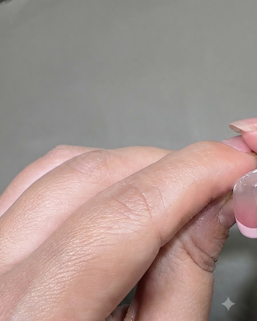 Cienki pędzelek liniowy rysujący różową linię wzdłuż końcówki paznokcia, tworząc efekt francuskiego manicure.