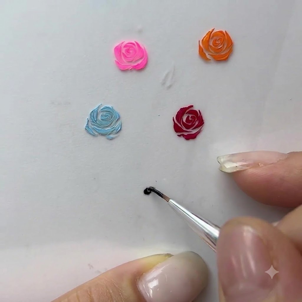 Eine Nahaufnahme einer Hand, die einen feinen Liner-Pinsel hält und geschwungene Linien zeichnet, um Rosenblütenblätter auf einer weißen Oberfläche zu formen.