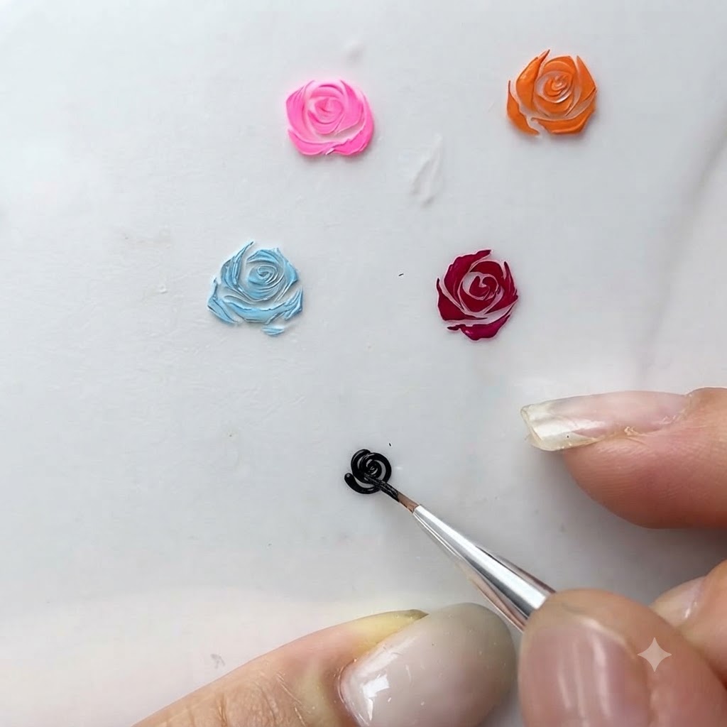Eine Nahaufnahme eines feinen Pinsels, der schwungvolle gebogene Striche um eine Miniatur-Gelrose hinzufügt.