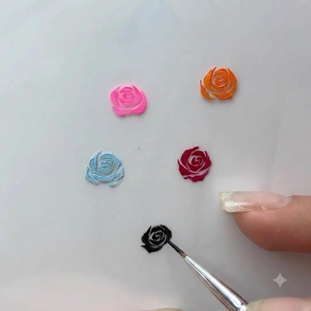 Ein dünner Nail-Art-Detailpinsel, der dunkle innere Spiralstriche auf einem kleinen gemalten Rosen-Gel-Design umrissen.