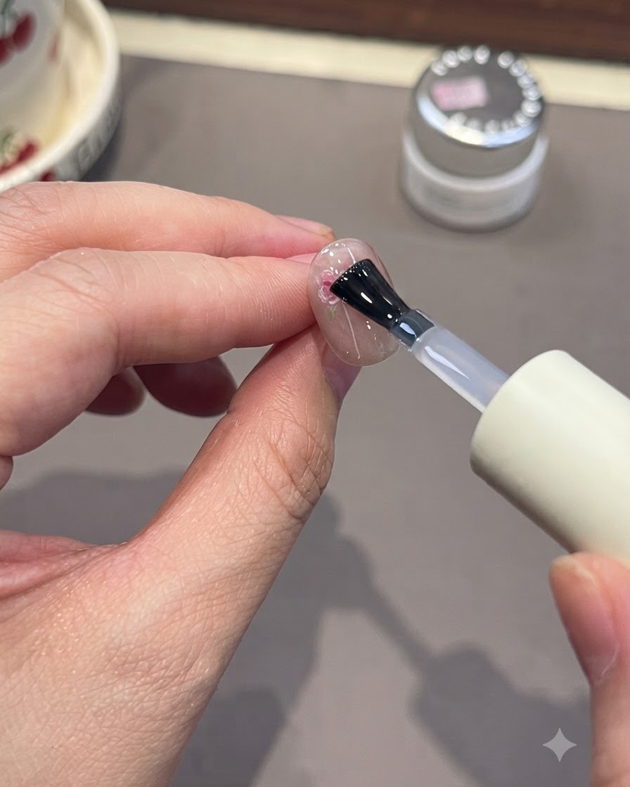 Pędzelek do paznokci nakładający bezbarwny top coat na paznokieć z malowanym różowym motywem róż.