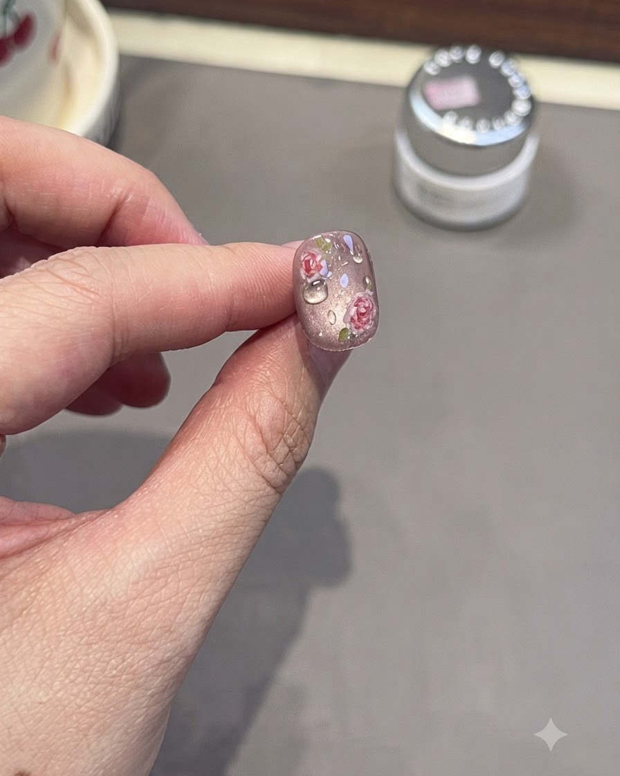 Wykończony paznokieć prezentujący efekty kropli rosy 3D nad motywem kwiatowym.
