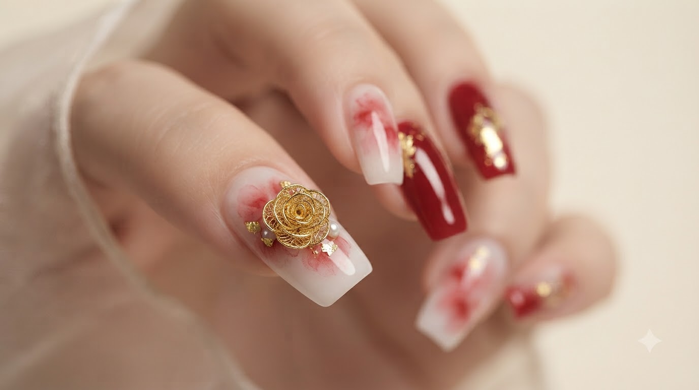 Vintage Gold Wire Rose Watercolor Nail Art — Instrukcja krok po kroku
