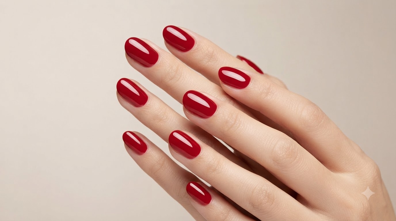 Zbliżenie dłoni prezentujących wykonany błyszczący klasyczny czerwony manicure żelowy na średniej długości migdałowych paznokciach, trzymających telefon.