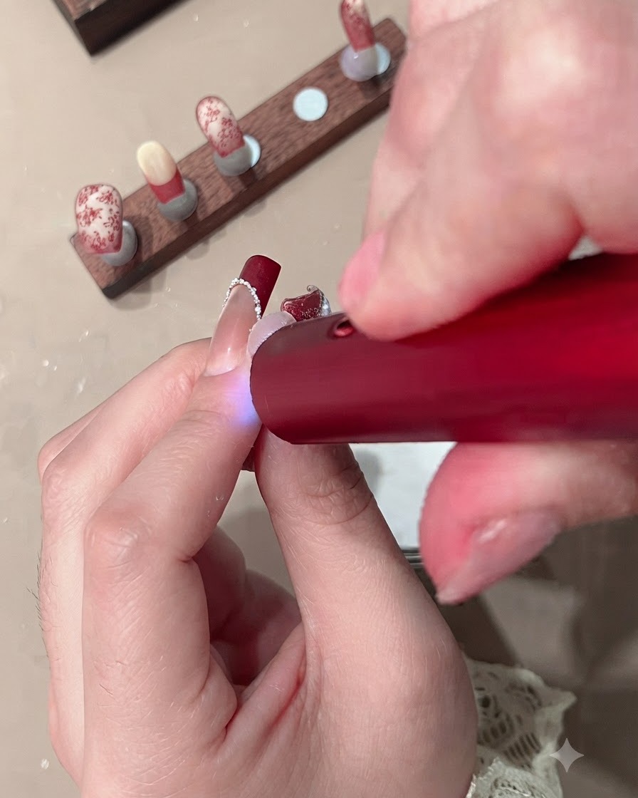 Zbliżenie na dłoń trzymającą czerwoną mini lampę UV nad paznokciem w celu utwardzenia żelu french.