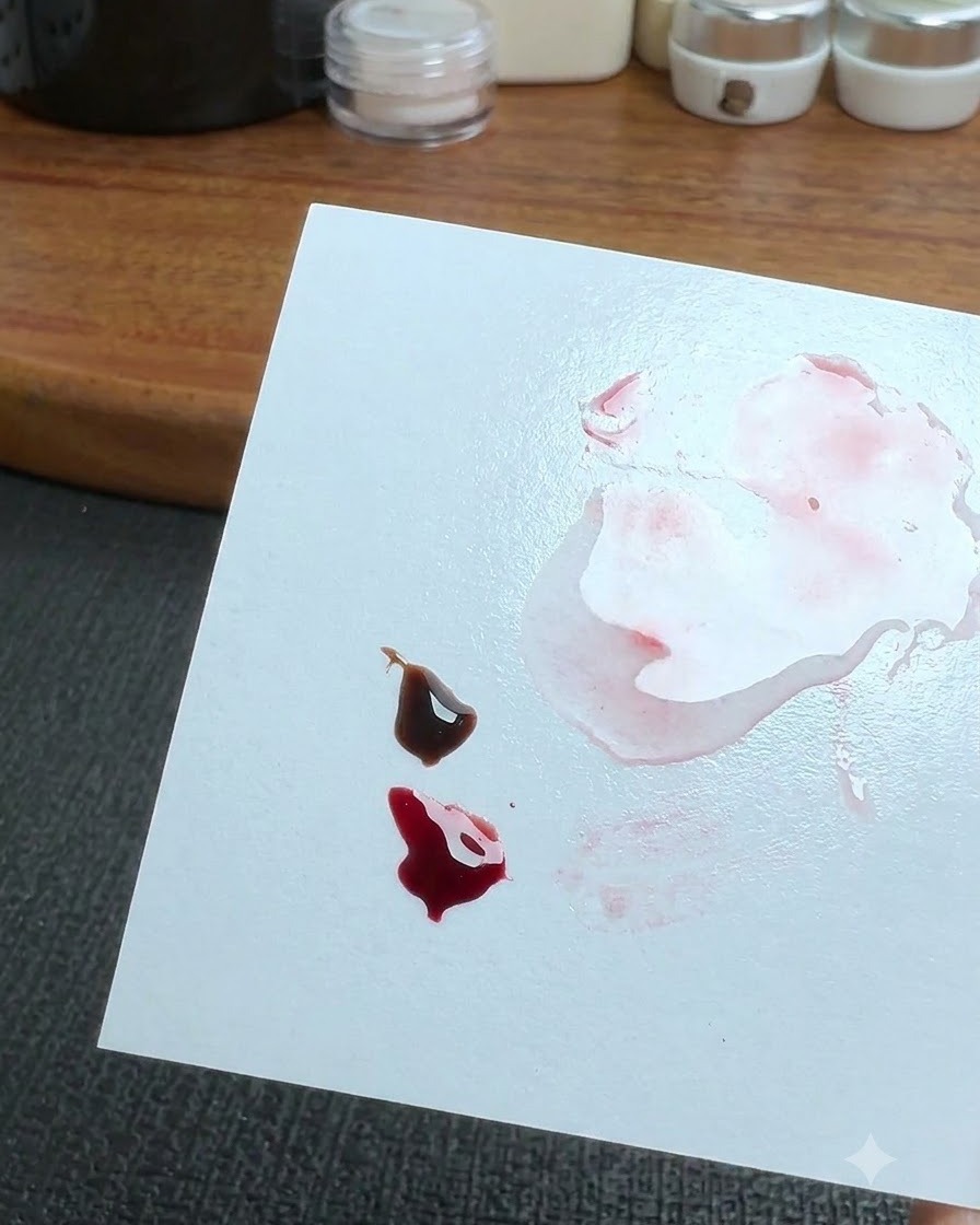 Biała paleta do mieszania z małymi kropelkami ciemnobrązowego i głębokiego, półprzezroczystego czerwonego żelu oraz ich połączeniem.