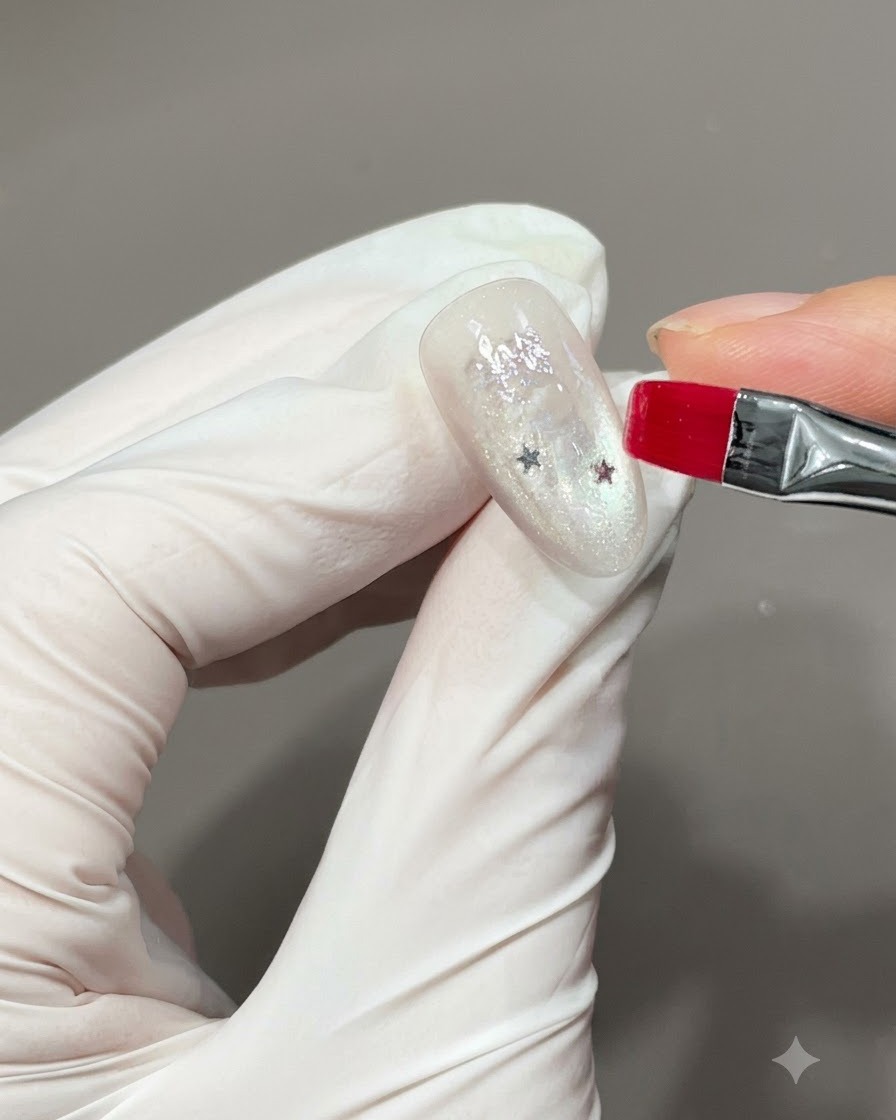 Pędzelek nakładający przezroczystą bazę żelową na paznokieć w celu uszczelnienia i zatopienia wtopionych gwiazdek.