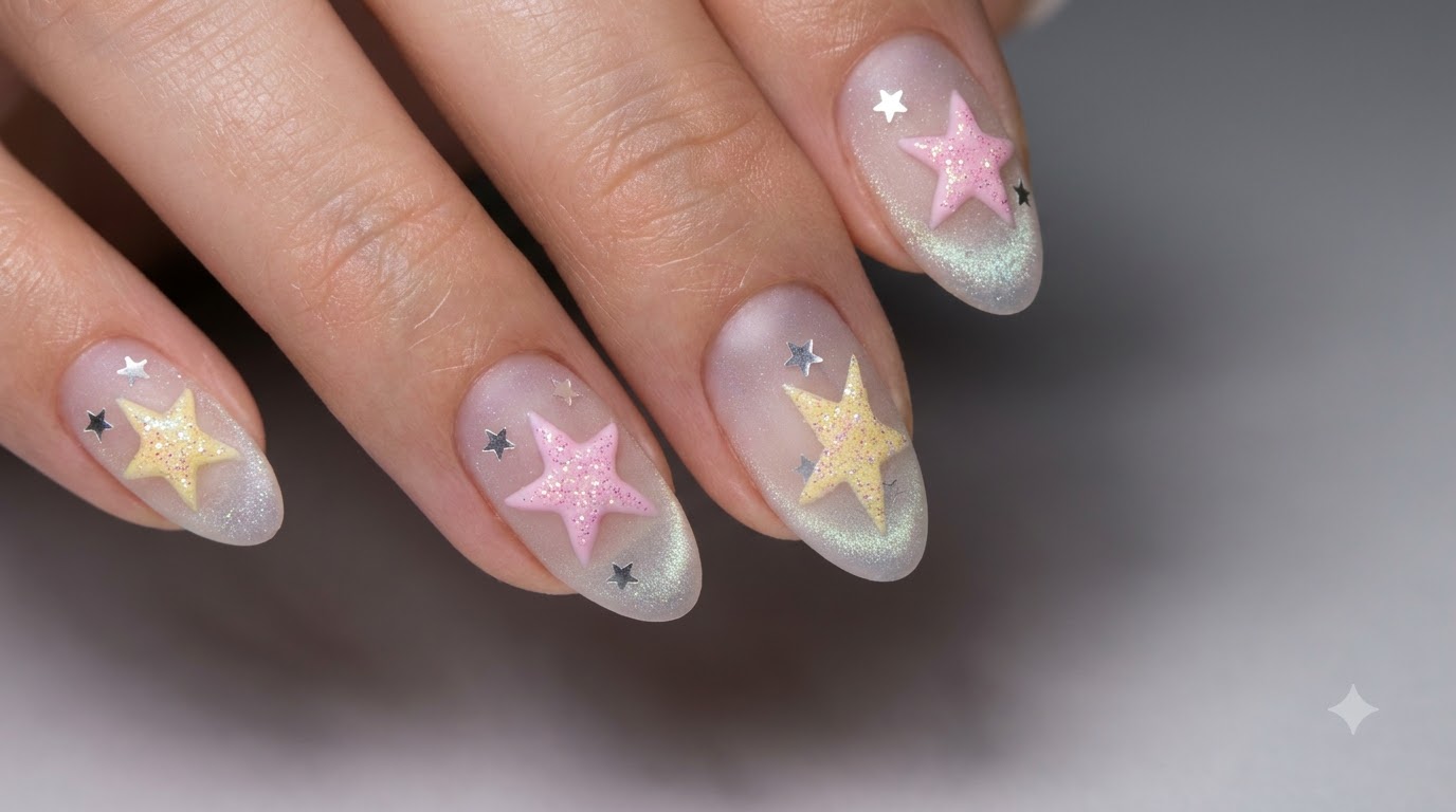 Morskie Złoto: Frosted 3D Star Nail Art — Gwiezdny Cat Eye Manicure