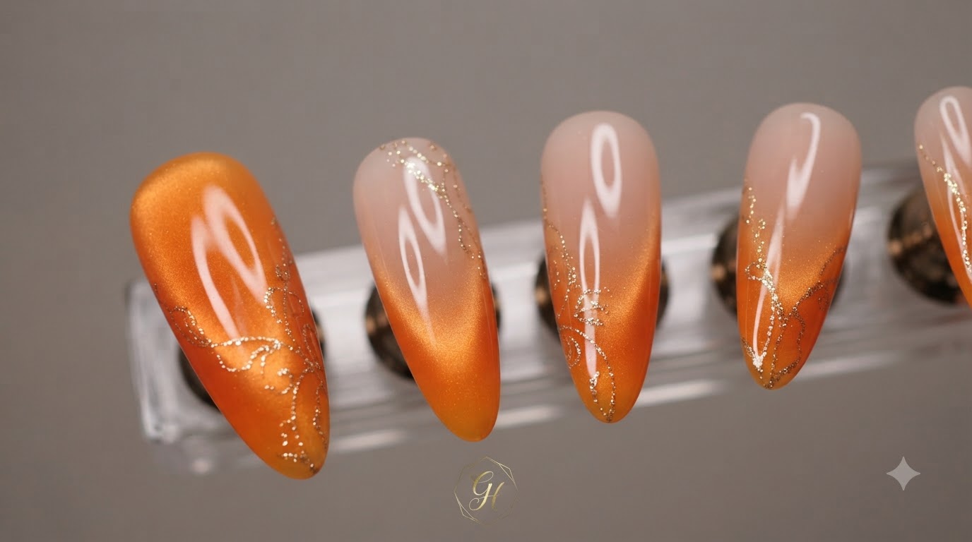 Pomarańczowe paznokcie Sunset Orange i gradient z efektem kociego oka na długich migdałkach — poradnik