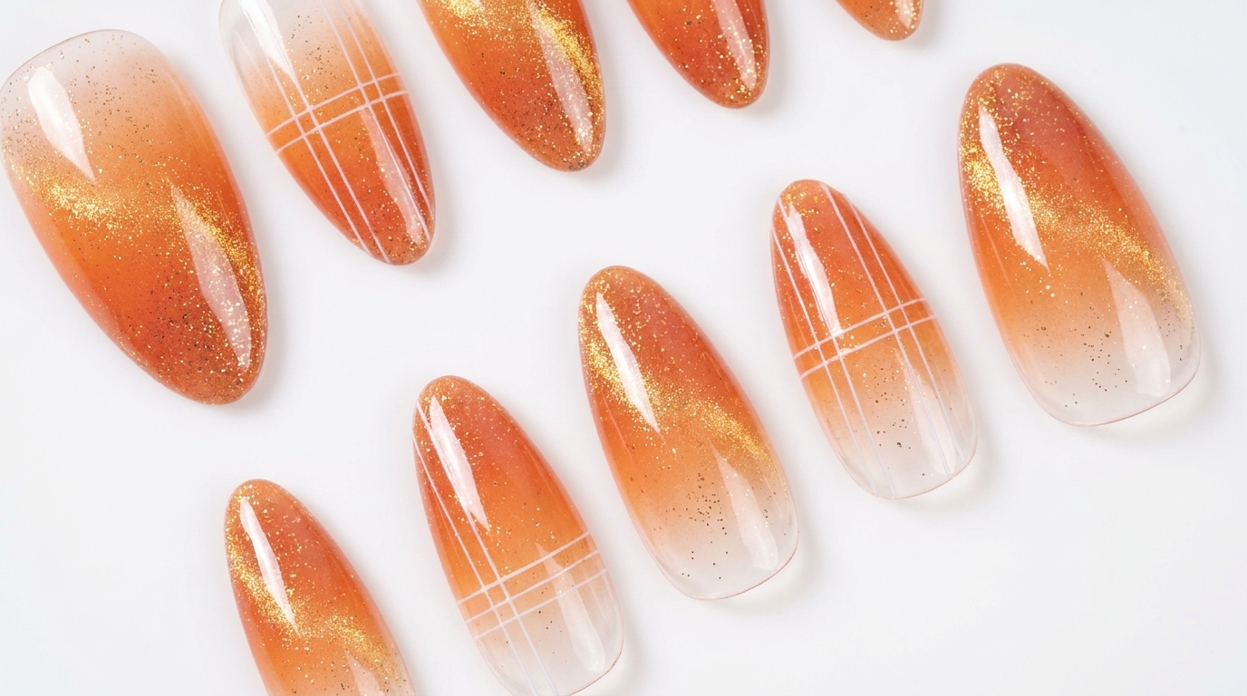 Pomarańczowe paznokcie hybrydowe Cat Eye i Glitter — Tutorial krok po kroku
