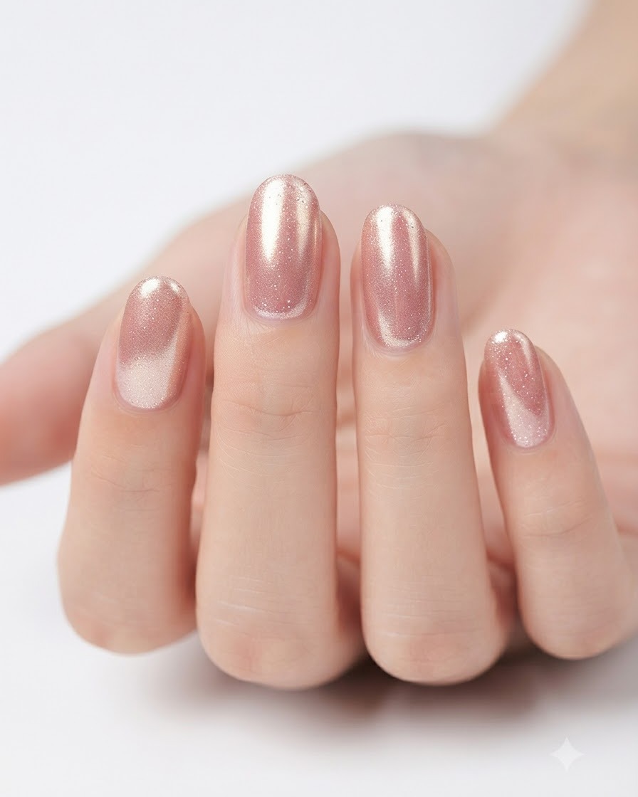 Pędzelek do manicure równomiernie nakładający półprzejrzysty różowy żel na powierzchnię paznokcia.