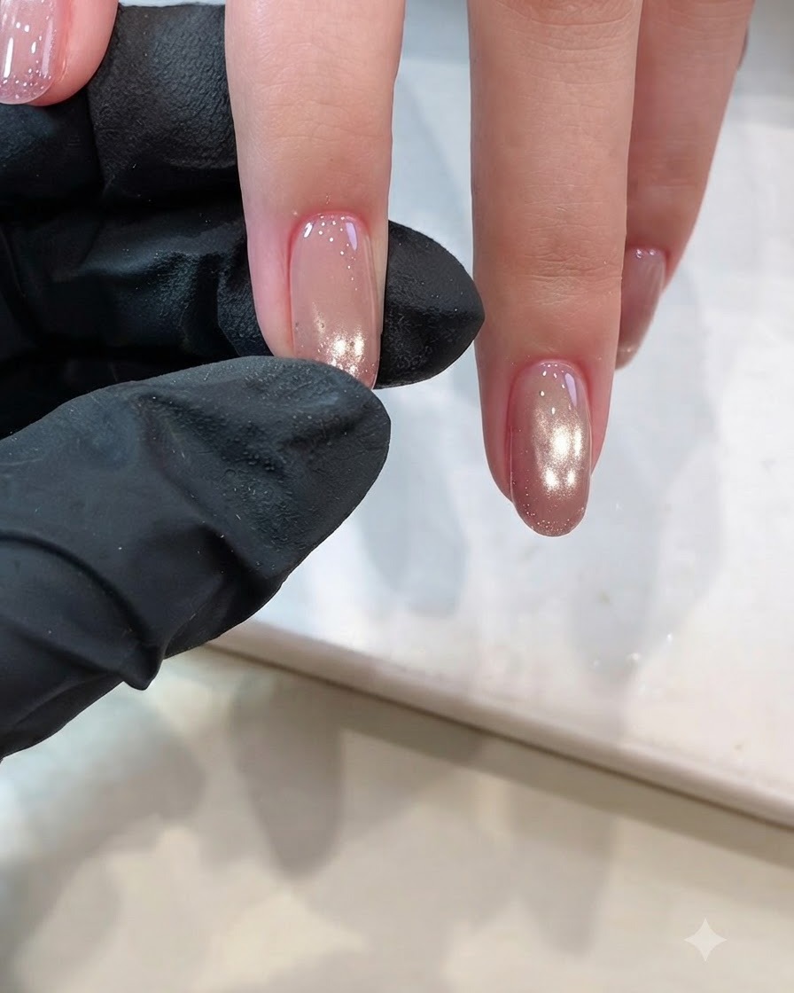 Nakładanie magnetycznego lakieru żelowego cat eye na kolor bazowy w celu uzyskania efektu zorzy.