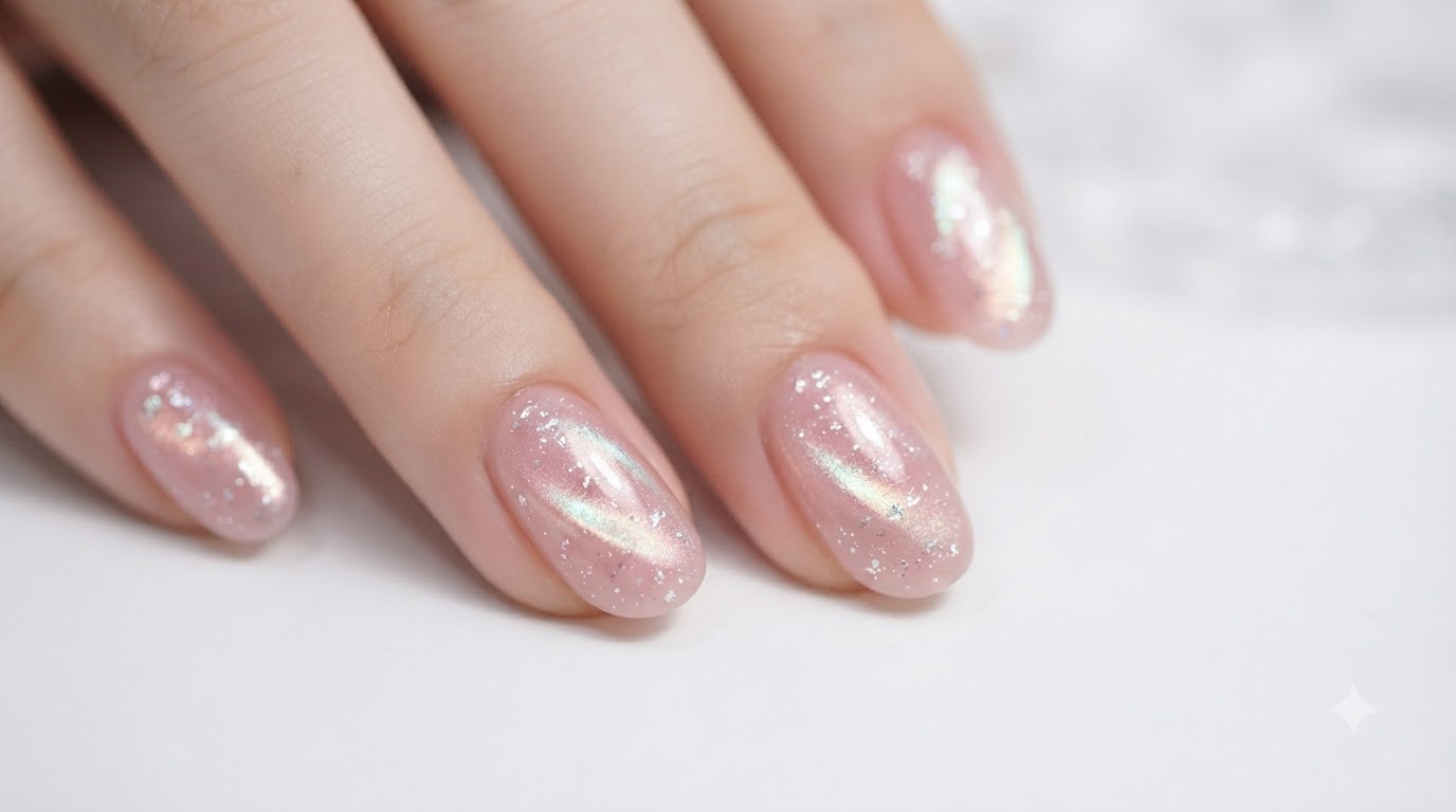 Letnie paznokcie aurora cat eye z efektem skruszonego lodu – krok po kroku