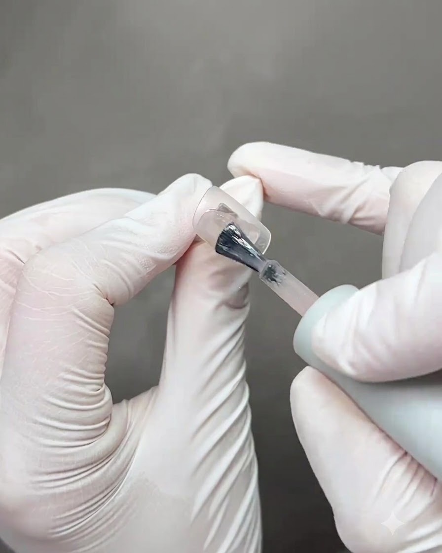 Paznokcie umieszczone pod lampą utwardzającą po sfinalizowaniu trzeciego pociągnięcia wstążki cat eye.